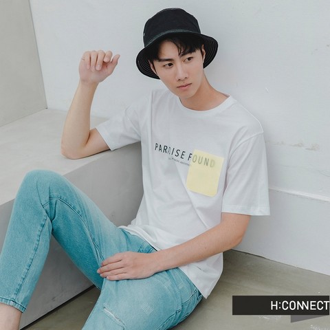 H:CONNECTKorean brand men's clothing-Geometric pattern cottonT-Shirt-white